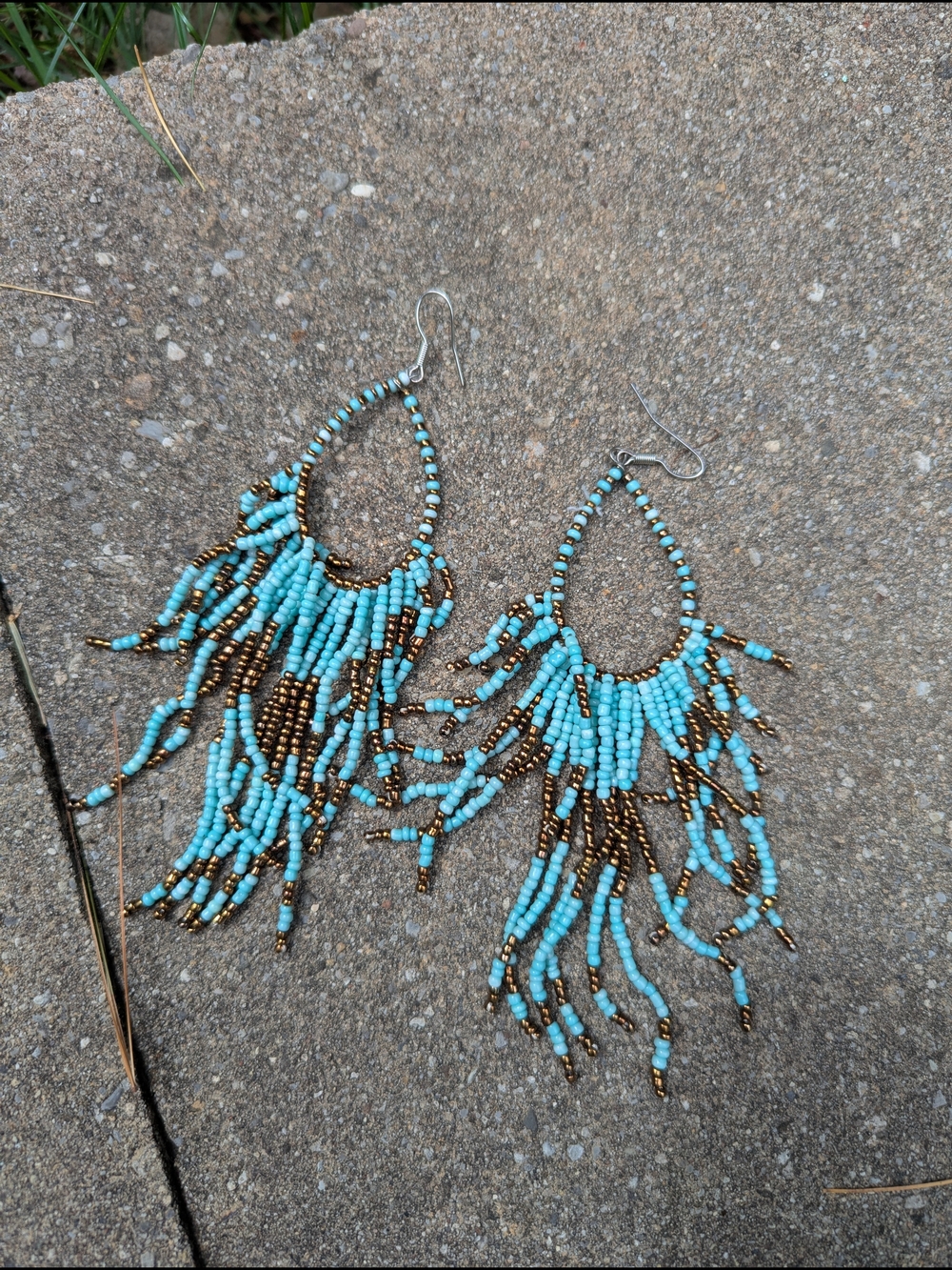 Turquoise Beaded Fringe Earrings - Hand Made